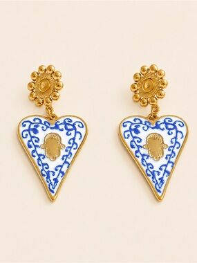 Royal Blue Gold Heart Hamsa Drop Earrings